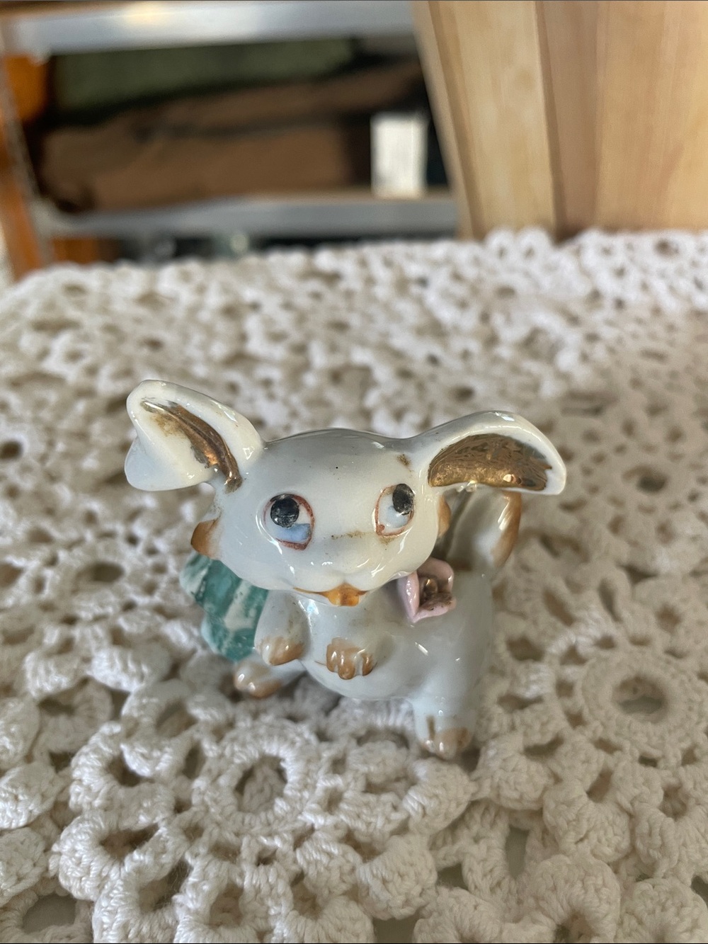 1950 Derby White Ceramic Bunny toothpick holder with Gold Accents